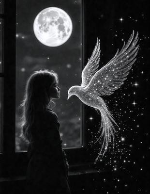 The primary subject of the image is a young girl standing in front of a window. The setting is a dark room with a night sky visible through the window. The visual style is a black and white drawing or illustration. The colors and mood of the image are predominantly dark and moody, with the girl's silhouette and the night sky creating a dramatic atmosphere.